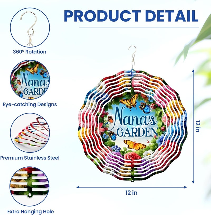 FLAGWIX Garden Gifts for Grandma - Nana's Garden 3D Stainless Steel Metal Wind Spinners 12 in - Gardening Grandmother Birthday Gifts for Women Nana Gigi, Nana Gift Ideas - Image 3